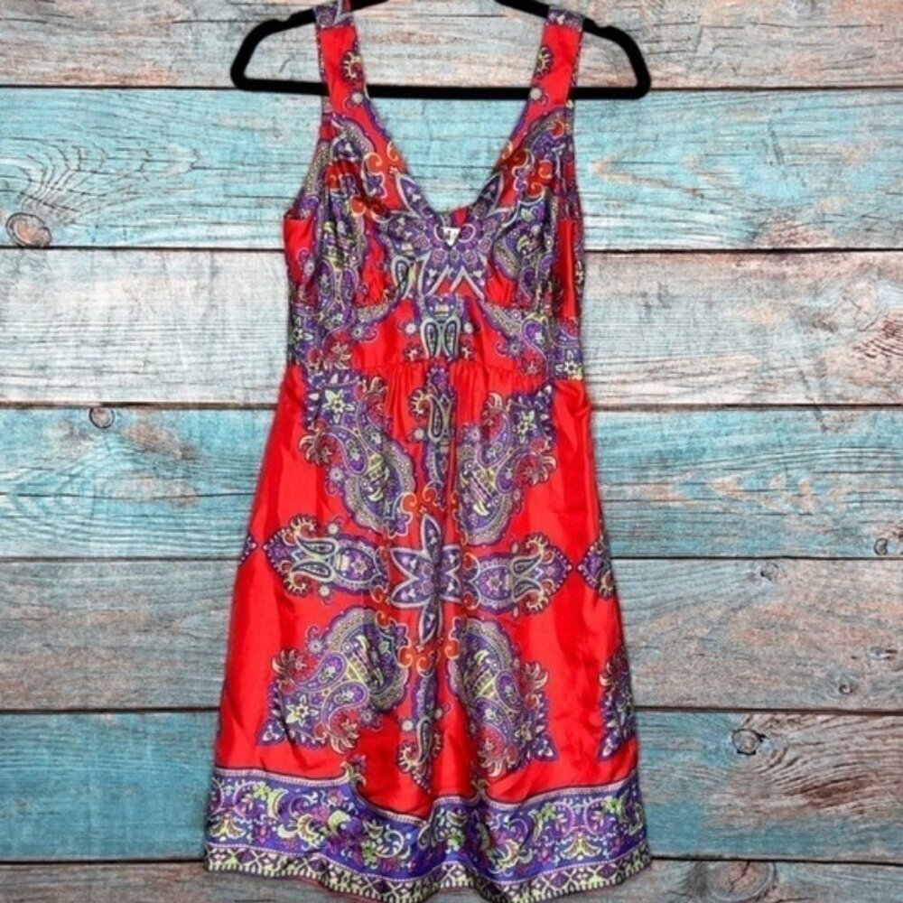 Tibi Silk Dress 4 Red Purple Paisley Boho Mini Babydoll V-neck Sleeveless Empire